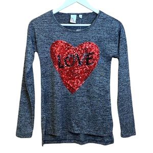Oh MG! Heart Love Sequin Charcoal Grey Whimsy Pullover Small Long Sleeve Shirt